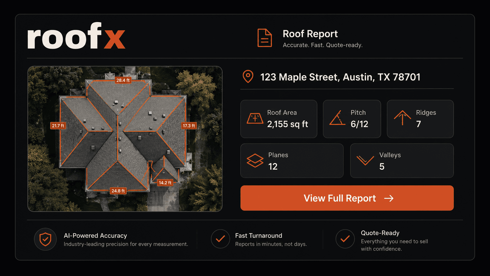 RoofX finished measurement report card with material breakdown and totals